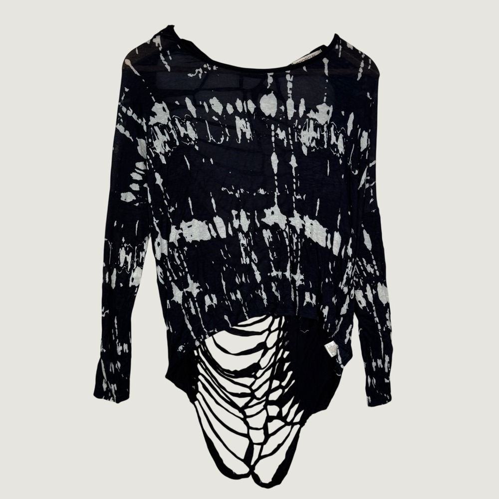 ARDEN B Black Tie Dye Shredded Webbed back Long Sleeve Top Shirt Goth Grunge S